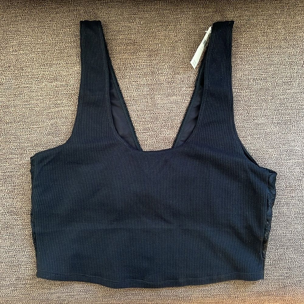 New Aerie Ribbed Bralette with Full Lace V-Neck Back Size Medium in Black